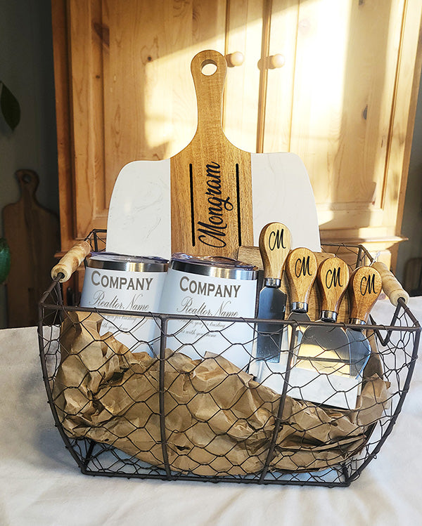 Gift Basket - White Marble Cheese Board Set, Coaster and Wine tumblers
