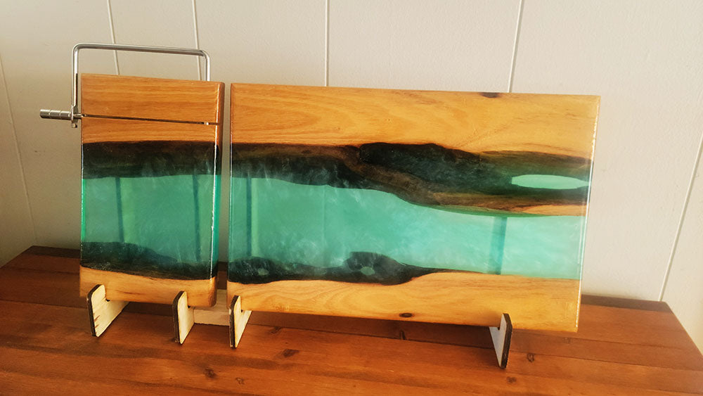 Live Edge Cherry Charcuterie & Cheese Board Set with Aqua Blue Epoxy River
