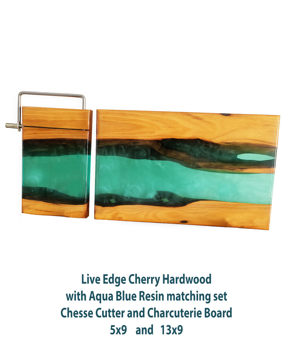 Live Edge Cherry Charcuterie & Cheese Board Set with Aqua Blue Epoxy River