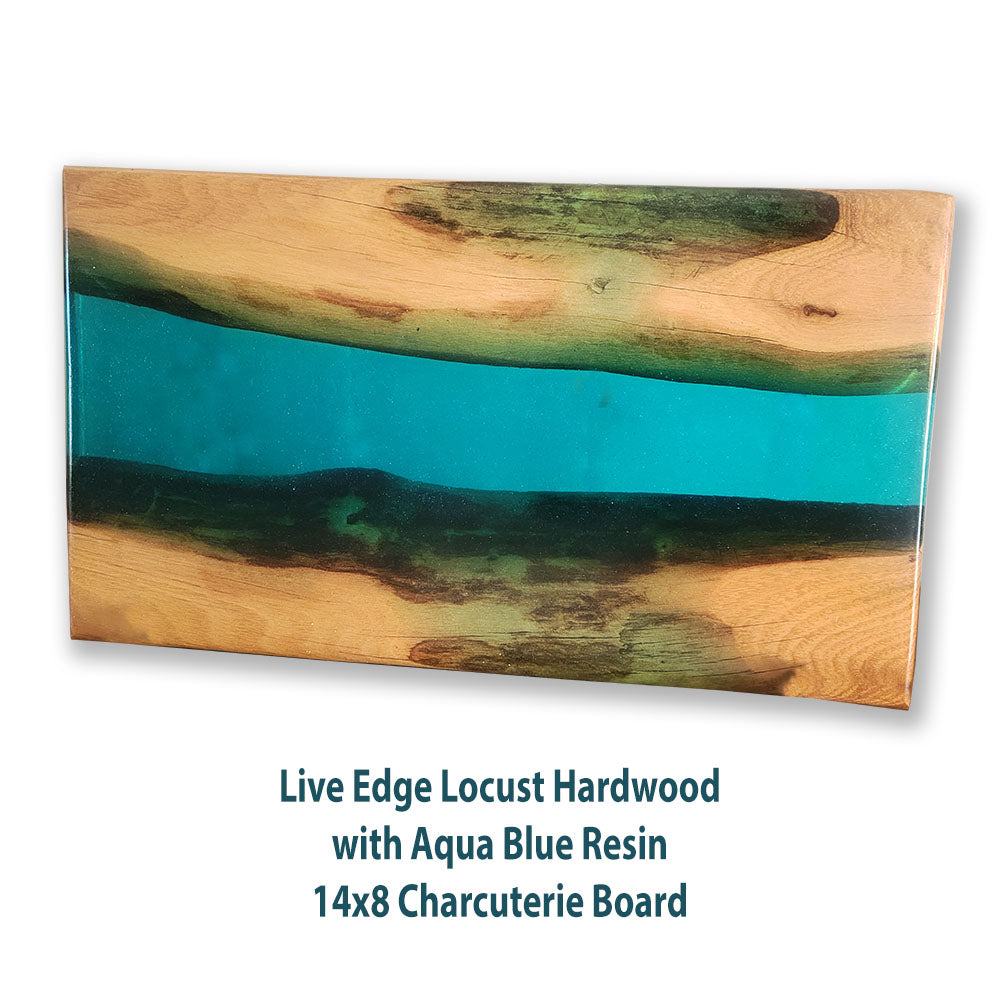 Live Edge Locust Hardwood with Clear Aqua Blue Epoxy River Charcuterie