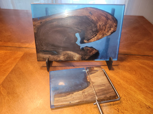 Live Edge Black Walnut  Charcuterie & Cheese Board Set with Blue Epoxy River