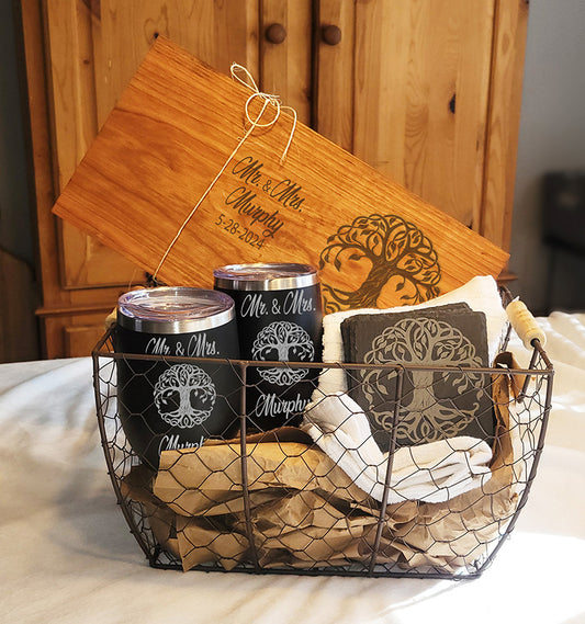 Gift Basket -Cherry Charcuterie Board, Slate Coasters and Wine Tumblers