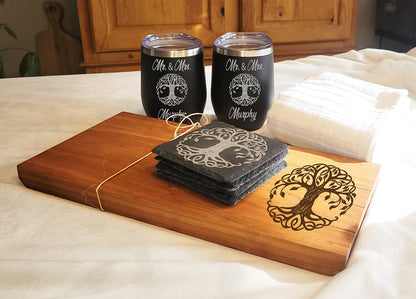 Gift Basket -Cherry Charcuterie Board, Slate Coasters and Wine Tumblers