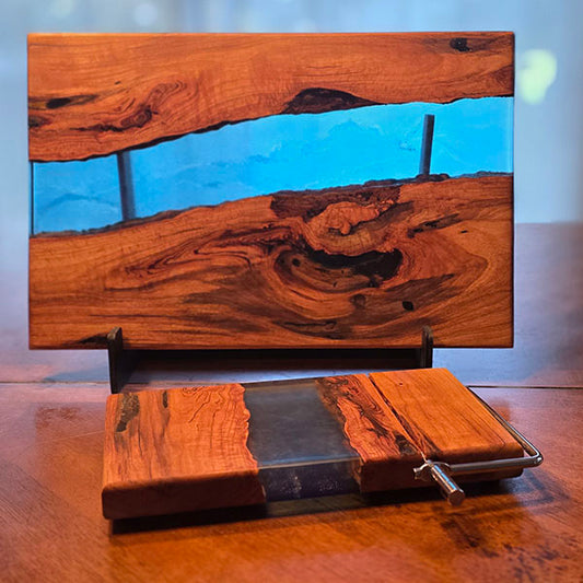 Live Edge Cherry Charcuterie & Cheese Board Set with Blue Epoxy River